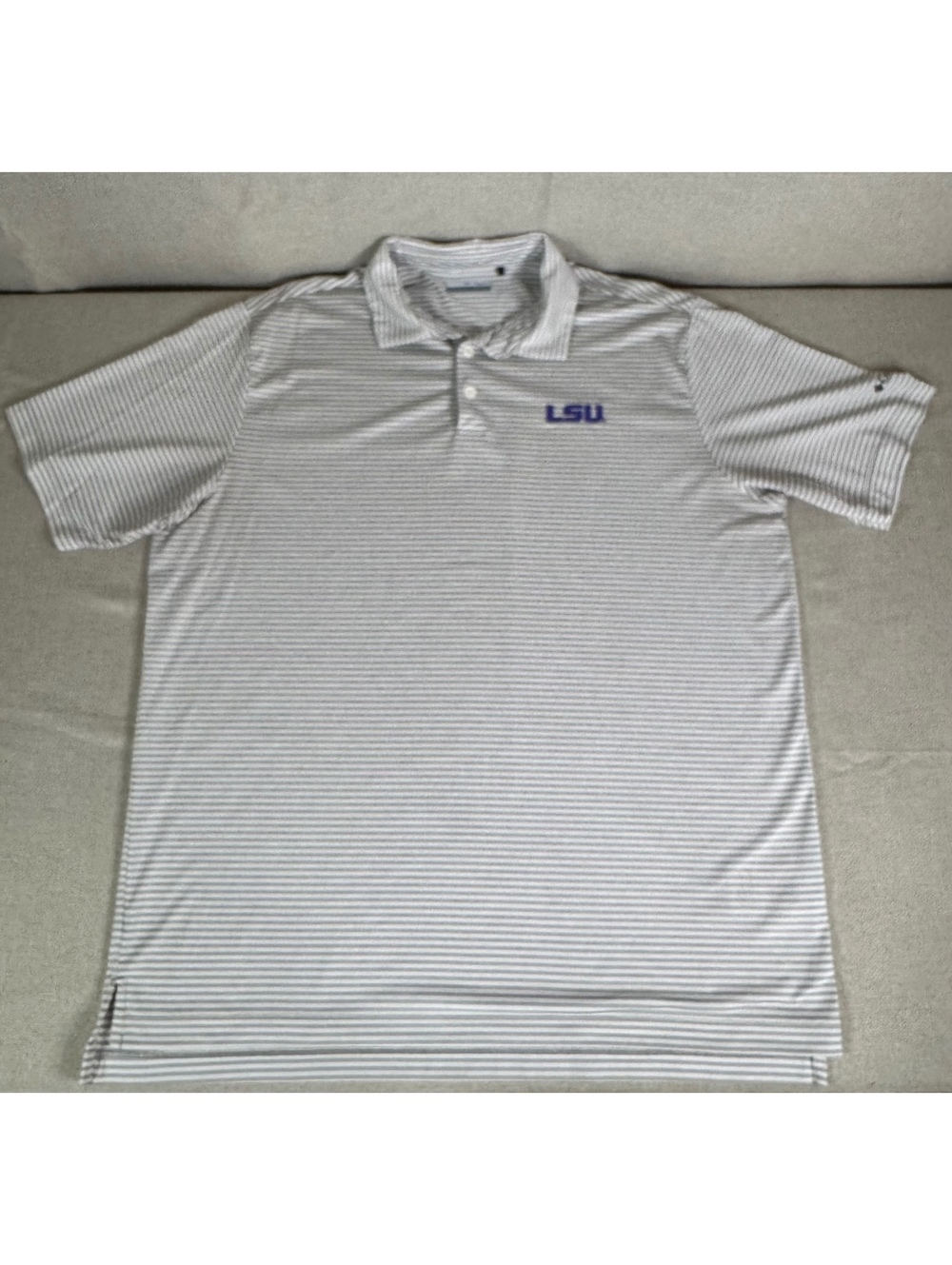 Men's LSU Striped Polo Shirt Size X-Large 94% Polyester 6% Spandex Omni-Wick